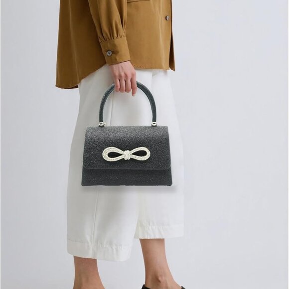 Women Evening Clutch Purse Glitter Rhinestone Bow Compact Party Bag - Picture 2 of 7